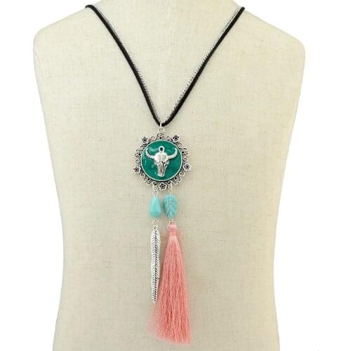 European and American retro style silver-plated long chain bull-shaped pendant with tassel necklace and ladies jewellery