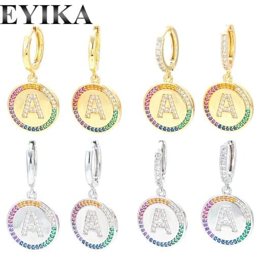 EYIKA Fashion Rainbow Color Cubic Zirconia Letter A Drop Earring Gold Silver Color Round Polished Crystal Hoop Earring for Women