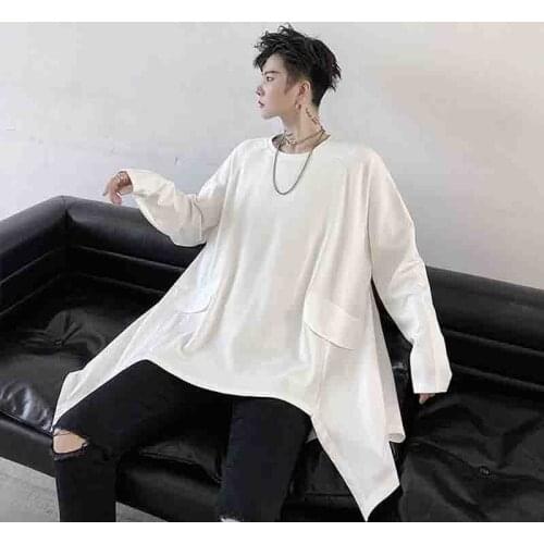T-shirt long sleeve blouse mens and womens stitching design oversize sense of fit and loose, irregular and dark hem