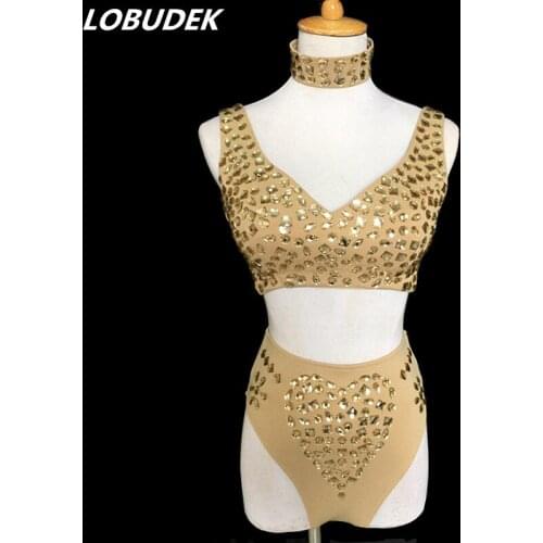 Khaki Rhinestones Bikini 5 Pieces Set Sexy Nightclub DJ Singer Stage Dance Wear Jazz Dance Teams Costume Bar Party Dance Outfits