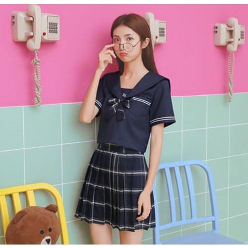 Sailor Suit Jk Uniform sets student Embroidery Kawaii Japanese Preppy Suit Costumes girls Short/ Long Sleeve Top + Plaid Skirt