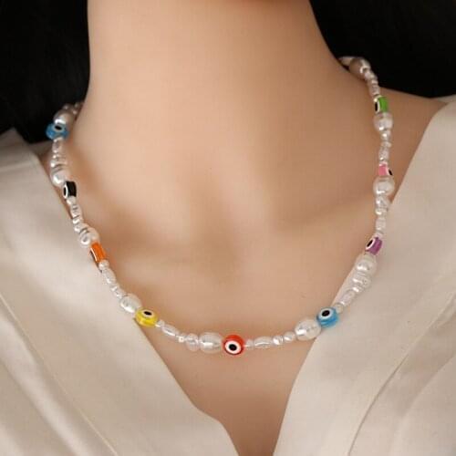 Minar Bohemia Rainbow Evil Eye Polymer Clay Charm Necklace for Women Lady Summer Simulated Pearls Beaded Necklace Beach Jewelry