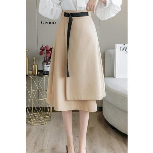 Minimalism Autumn Fashion Solid Belt Women Skirt Causal High Waist Aline Irregular Hem Female Skirt