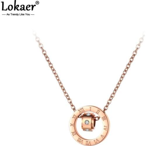 Lokaer Trendy CZ Crystal Double Circle Chokers Necklaces Roman Numerals Rose Gold Stainless Steel Female Pendant Jewelry N19025