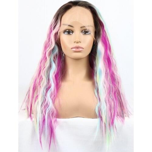 Synthetic Lace Front Wigs Lolita Cosplay Wig Pink Yellow Blue Mixed Color Wigs Afro Kinky Curly Wigs Lace Frontal Wigs for Women