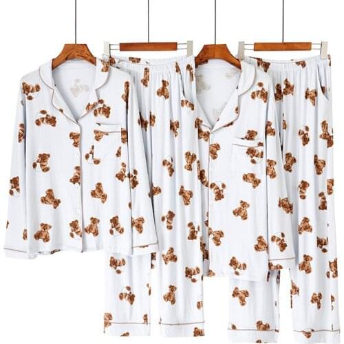 Pajamas Spring and Autumn Long-sleeved Cartoon Bear Lapel Home Service Suit Women