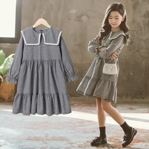 Girls Dress 2021 Autumn Kids Knee-length Childrens Clothes New Big Lapel Sweet Dress Long-Sleeved Baby Princess Party Dress