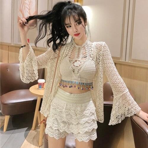 Sexy Summer Lace Sun Proof Cardigan+Suspender Wrap Chest+High Waist Wide Leg Shorts Three Piece Suits Fashion Women Set