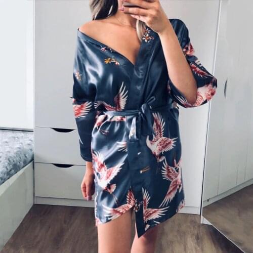 Norns Flower Silk Nightgown Print Ladies Women Sleeve Multicolor Pajamas Bathrobe Robe women' Dressing Gown Night Robe Sleepwear