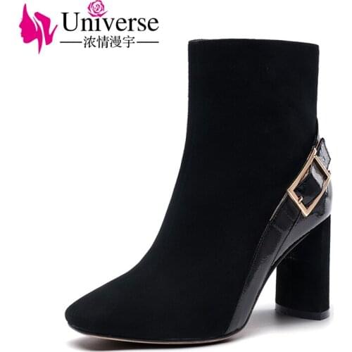 Universe fashion winter boots suede leather and patent leather patchwork women mid calf boots buckle decoration shoes G282