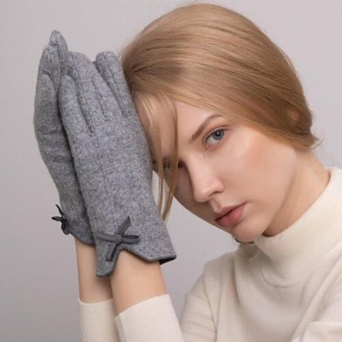Women Touch Gloves Winter Warm Cashmere Wool Mitten Gloves Female Bow leather Knit Embroidery Driving Touch Screen Gloves E40