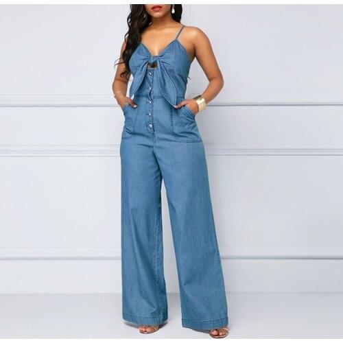 Womens Denim Jumpsuit Bandage Bow Decor Low-cut Sling Top High Waist Loose Wide Leg Jeans with Pockets Sleeveless Overalls