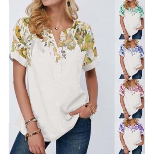 2021 Fashion V-neck Womens Summer Pullover Tops Casual Floral Print Short Sleeve T-shirt Loose Large Size Blouses