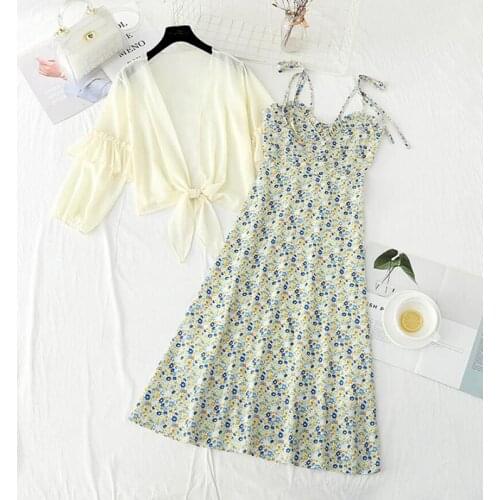 Floral Print Women Dress 2-piece set 2021 Summer Vintage Sweet Chiffon Sling Dresses + Long sleeve Chiffon Top Robe Femme