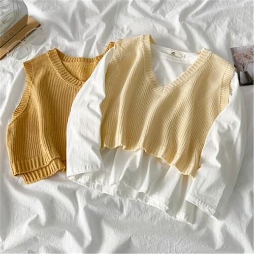 2021 Korean Fashion Autumn Women Sweater Vest V-neck Sleeveless Casual Loose Knitted Pullover Basic Tops Female Outerwear Coats