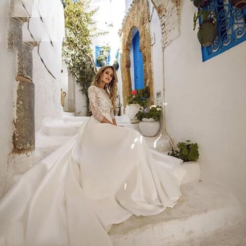 Vestido de novia 2020 Square Sleeves Lace Bride Dress Custom made Satin A Line Elegant Sweep Train Wedding Dresses