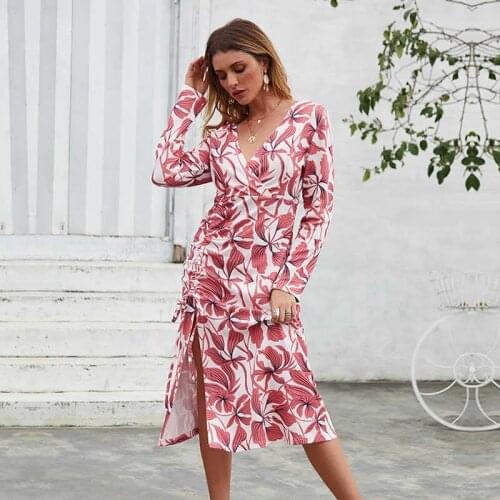 2021 New Fashion Spring Summer Casual Chic Ladies Dress Long Sleeve Spilit Print V Neck Loose Waist Womens Dress