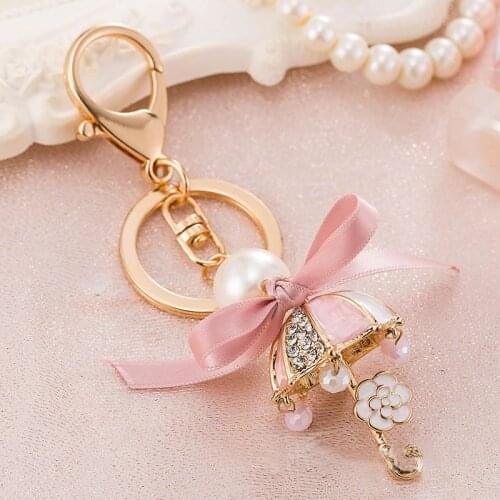 Pink Enamel Rhinestone Umbrella Key Chain Female Bag Ribbon Small Ornament Pearls Flower Pendant Car Accessories Charm Keyring