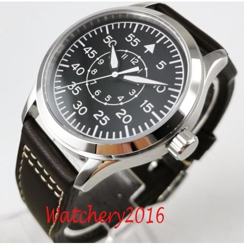42mm Corgeut Black dial Leather sapphire glass Luminous marks Militär Automatic Mechanical mens Watch