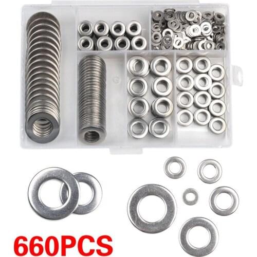 660Pcs M3 M4 M5 M6 M8 M10 Flat Washer Plain Washer Gaskets Kit 304 Stainless Steel Anti-corrosion Cleaning Passivation
