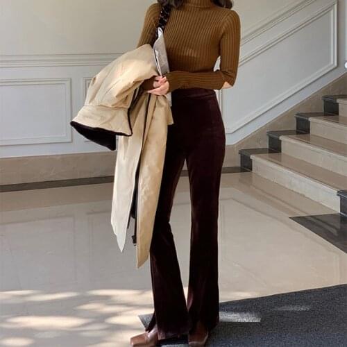 CX 2021 New Winter Women French Style Vintage Corduroy Pant Thicken High Waist Loose Thin Tiny Boot Cut Pant Split Fork Wide Leg
