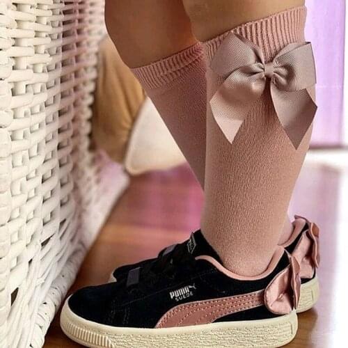 Girl Bow Socks Baby Girls Stockings Solid Color Bowknot Cute Wild Cotton Long Stockings Toddler Girls Knee High Socks 2-8 Years