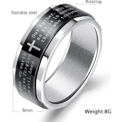 KKCHIC Rotatable Ring Titanium Steel Ring Classic Bible Prayer Black Color Jesus Cross Finger Ring For Men Retro Vintage Jewelry