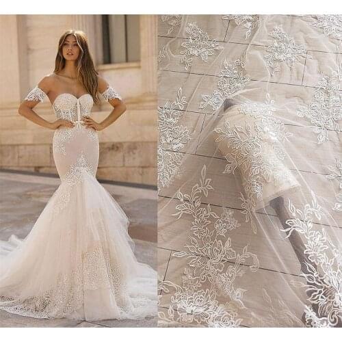 Bridal Sequins Lace Fabric Ivory Cotton Floral Embroidered Tulle Wedding Dress Fabric 1 Yard
