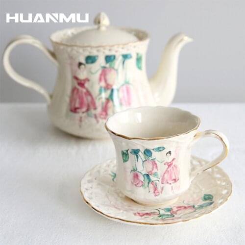 Tulip Girl French Ceramic Coffee Cup With Spoon Set Afternoon Teapot Kettle Cup Flower European Household High-End Cup Gift New