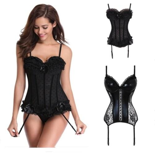 Sexy Corsage Lace Dot Sweet Bustier Corsets Women Charming Tops Black Overbust Lingerie Adjustable Stocking Belt Korset