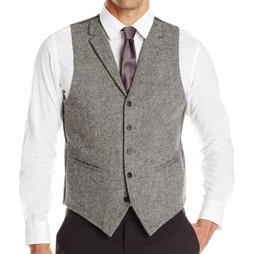 Gray Woollen Tweed Vest for Men Suit Waistcoat with Notched Lapel Slim fit One Piece Man Fashion Coat Europen Size New Arrival