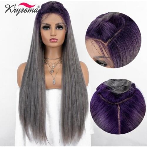 Kryssma Women Ombre Grey Purple Roots Lace Front Wig Long Straight Synthetic Wigs For Womens Cosplay Wigs Heat Resistant Fiber