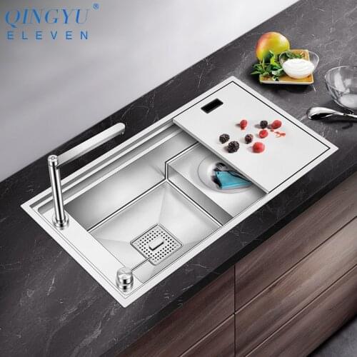 SUS 304 Stainless Steel Three Cover Hidden Step Kitchen Sink Large Size Handmade Brushed Step Hidden Lifting Faucet Sinks