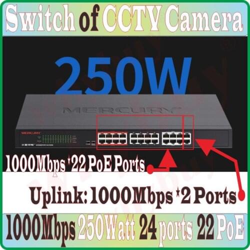 Steel 24 ports 22 PoE 250W Gigabit VLAN Switch PoE Switch for Camera AP, over-distance 260meters Desktop Ethernet Network Switch