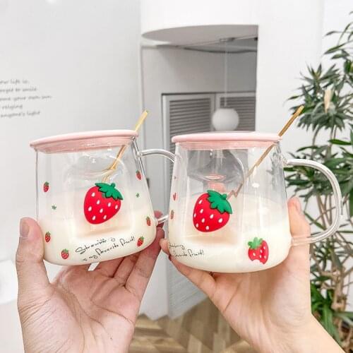 Strawberry Glass Water Bottle Creative Sweet Blossom Glass Cups With Pink Cover For Women Girl Milk Tea Water Drinking Cup
