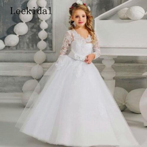 Long sleeve vintage lace flower girl dresses gowns v neck puffy princess girls infant toddler birthday communion dress v back
