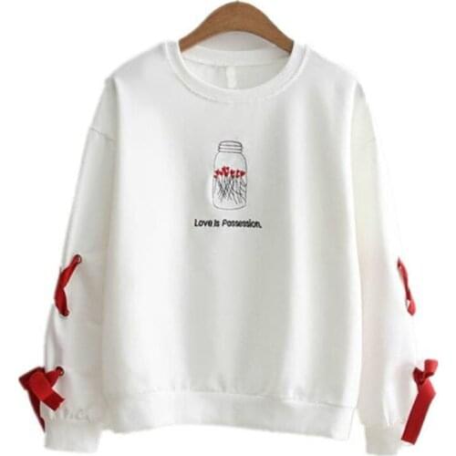 XUANHAO Women Autumn Chic Lace Up Sweatshirt Preppy Style Embroidery Hoodies Casual Sweet Lace up White Tracksuit Cute Tops