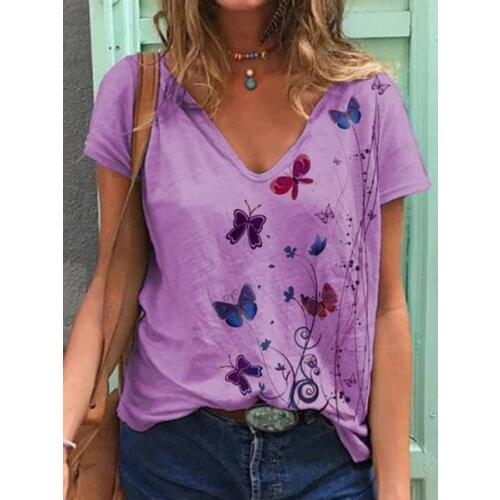 Women Cotton Splice Loose Casual Short Sleeve T-Shirt For Summer 2021 Fashion New Arrival V-Neck Printing Patch Butterfly Tops
