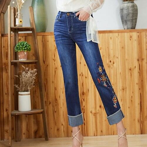 FERZIGE Brand Embroidery Flower Pants New Original Cuffs High Waist Jeans Women Sweet Skinny Straight Pants Lady Plus Size 36