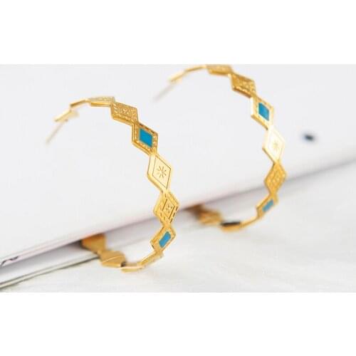 Fever&Free 2020 New Hoop Earrings For Women Gold Stainless Steel Rhombic Black Blue Open Big Hoop Earrings Party Jewelry Gift