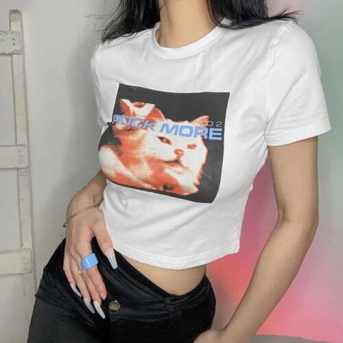Cute Cat Cartoon Casual Graphic Harajuku Vintage Short Crop Top 90s Y2K Clothes Kawaii Print Fun Chic Gothic Women Slim T-Shirt
