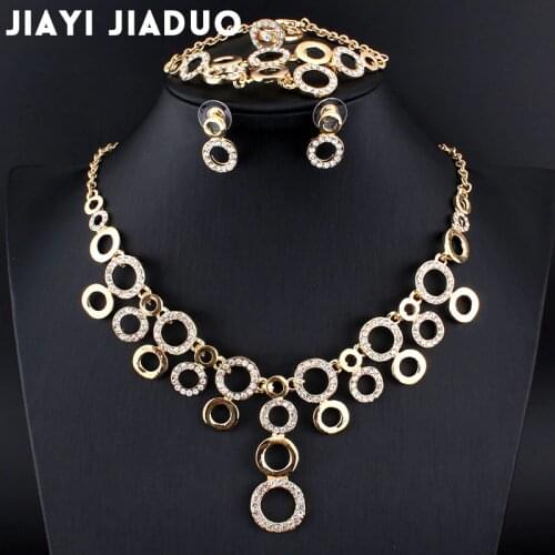 Jiayijiaduo Bridal Jewelry Set glamour women Gold-color bracelet ring Circle Necklace Earrings set dress accessories wholesale