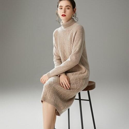 Pullover Dress Knitting Autumn Winter Womens Urban Casual 100% Pure Wool Dress High Collar Thickened Loose Knit Dress