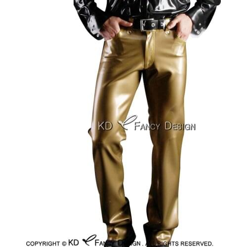 Golden And Black Sexy Latex Leggings With Zippers Pockets Stripes Rubber Pants Trousers CK-0071