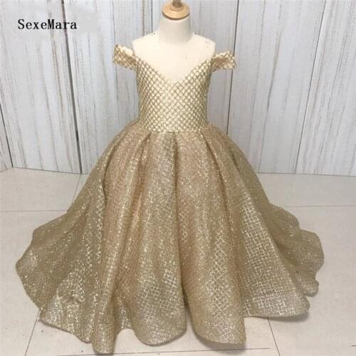 Real Picture Champagne Gold Sparkly Sequins Beading Flower Girl Dress for Wedding Kids Children Girls Clothes for Special Day