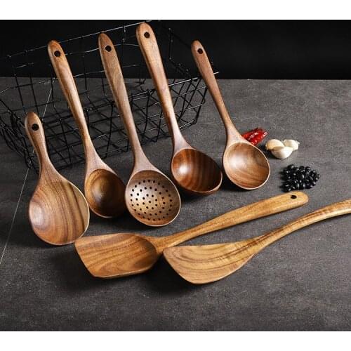 1-7pcs/set Teak natural wood tableware spoon colander spoon special nano soup skimmer cooking spoon wooden kitchen tool kit hot