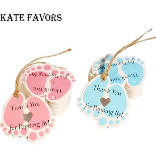 50Pcs Baby Shower Gift Tags "Thank You For Popping By" Pink Small Tags,Kraft Paper Hang Labels,Baby Feet Tags With Jute Twine