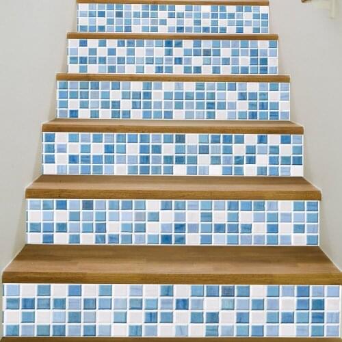 6pcs/set 18cm x 100cm Blue and White Retro Mosaic Stairs Decoration Wallpaper Art Pegatinas De Pared Home Decor Mural LT026