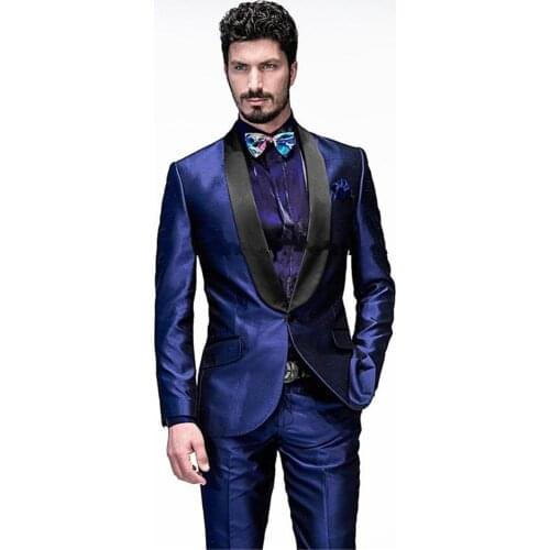 Brand New Mens Suits Groomsmen Shawl Lapel Groom Tuxedos Roral Blue Wedding Best Man Suit (Jacket+Pants+Tie+Girdle) B631