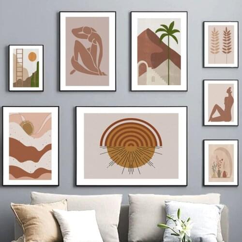 Abstract Landscape desert Palm Tree Sun Leaf Girl Nordic Poster Wall Art Print Canvas Painting Decor Pictures For Living Room